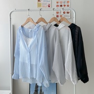 Ready Stock~Summer Goods Drawstring Cotton Linen Transparent Skin Long-Sleeved Hooded Blouse [SU2603
