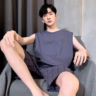Men Pajamas Summer Loose Vest Pajamas Men Sports Thin Style Large Size Solid Color Cotton Short-Slee