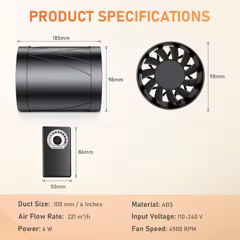 KSOL Inline Pipe Fan, 100 mm Adjustable,Quiet Extractor Fan with Power Cable, Bathroom Fan for Green