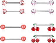 4 Pairs Stainless Steel Cherry Barbells Red Series Glitter Balls Piercing Jewellery Tongue Rings Rin