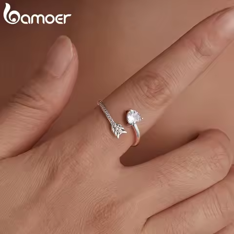 BAMOER 2025 Solid 925 Sterling Silver Arrow Heart Adjustable Ring, Fashion Adjustable Ring Minimalis