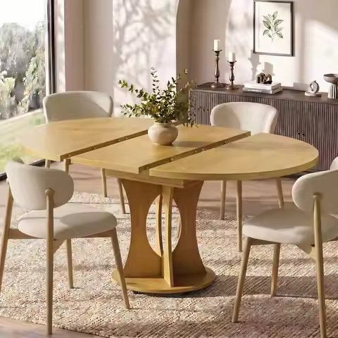 43-59" Extendable Round Dining Table, Kitchen Table for 4-8,Hidden Storage, Space Saving Wood Kitche