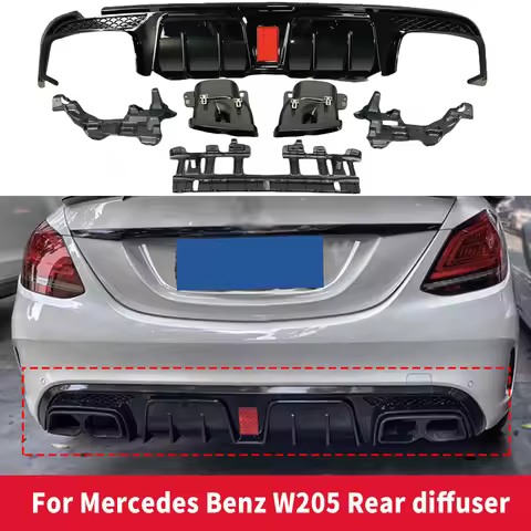 For Mercedes-Benz C-Class W205 C200 C300 C400 C43 C63 AMG Rear Bumper Diffuser with Exhaust Tips Fou
