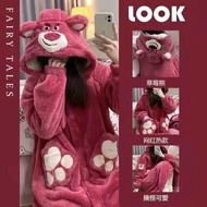 【天赐姻缘婚庆店】 Strawberry Bear Pajamas Women's Coral Fleece Nightgown with Velvet Thickened Swe草莓熊睡衣女珊瑚绒睡