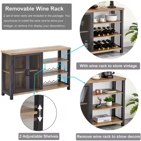 Bar Cabinet with Storage, Industrial Liquor Cabinet for Home, Buffet Sideboard with Wine Rack and Gl
