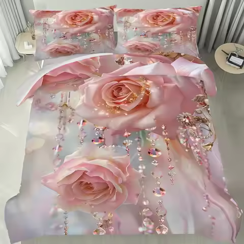 3pcs Pink Bedding Set Luxury Diamond Rose 3D Printed Cozy Duvet Cover King Queen Twin Size Birthday 