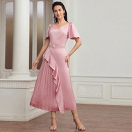 V-NECK FLUTTER SLEEVE RUFFLE TRIM PLEATED PANEL DRESS