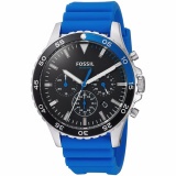 2022Fossil 46mm Large Crewmaster Black Dial Chronograph Blue Silicone Rubber Strap Men's Watch CH305