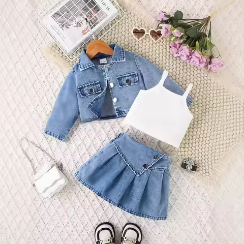 Kid Girl Stylish Blue Denim Dress Children Casual Outfit Three Piece Set Long Sleeves Jacket Vest Me