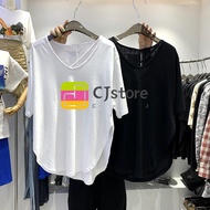 ❥CJ ❥Slim [plus Size] Split Short-Sleeved T-shirt Women's Summer Solid Color and V-neck Loose Design