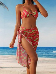 Conjunto De Traje De Baño Para Mujeres Con Diseño De Rayas Onduladas Y Nudos Retorcidos, Bikini Con Pareo Vestido De Baño Para La Playa, Outfit De Verano Para Vacaciones
