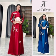 Traditional ao dai, ruby silk mother's ao dai with high-quality chrysanthemums, size S - 4XL