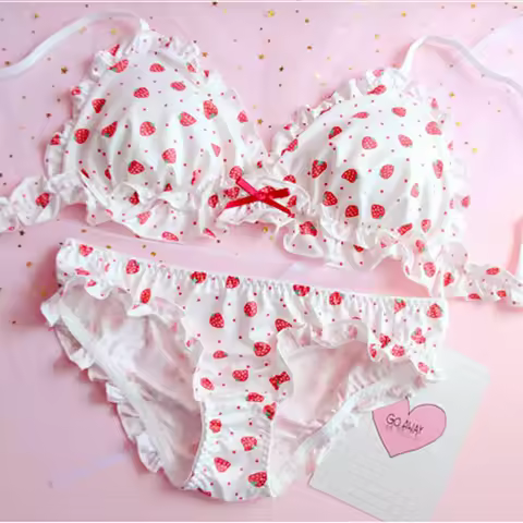 Strawberry / Print Japanese Milk Silk Bra & Panties Set Wirefree Soft Underwear Intimates Set Kawaii