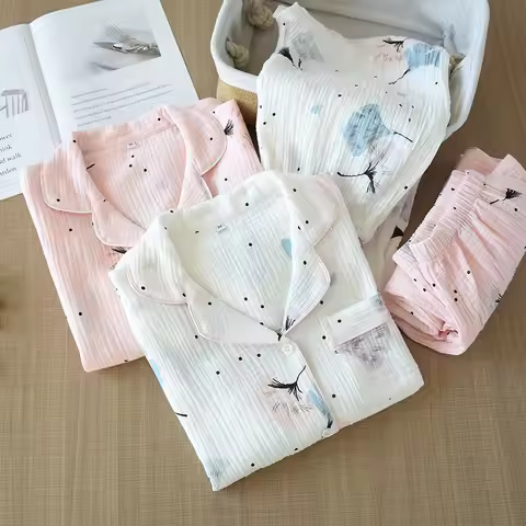 100% Cotton Gauze Winter Women Pajamas feather Print Sleepwear Autumn Female 2 Piece Set Nightwear L