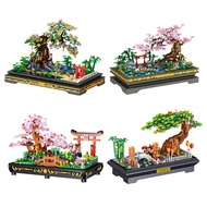 Mini Garden Bonsai Building Block Cherry Blossom Pine Pavilion 3D Model Brick Plant Potted Home Deco