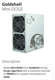 เครื่องขุดเหรียญGoldshell Mini-DOGE มือสอง mining Scrypt algorithm with a maximum hashrate of 185Mh/