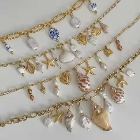 Uworld Stainless Steel Heart Lock Textured Starfish Conch Pearl Pendant Handmade Necklace Summer Vac