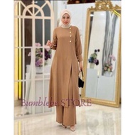 Setelan Adeline Model Kancing Emas  LD 120 CM jumbo -  Oneset Kekinian 2023 Bahan Crinkle Tunik Dan Celana Aksen Kancing / Pakaian Set Wanita Kancing Emas / Baju Muslim Oneset Wanita Terbaru 2023 Setelan Midi /BOMBLEBE STORE