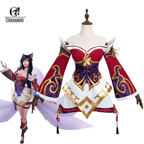 ROLECOS Game LOL Wild Rift The Nine-Tailed Fox Ahri Cosplay Costume Ahri Halloween Women Red Dress O