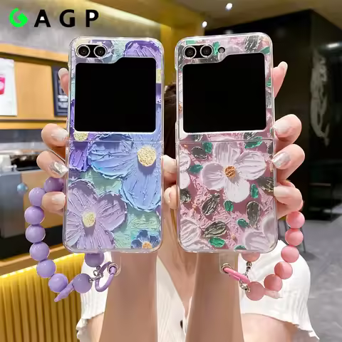 Luxury Oil Painting Flower Z Flip 6 4 5 Bracelet Phone Case for Samsung Galaxy Z Flip 5 6 4 3 Flip5 