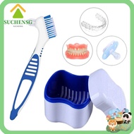 SUCHENSG Dentures Container with Basket Portable Cleaning Tool Double-layer Cleaner Brush