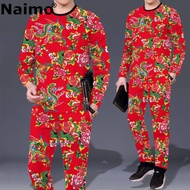 Naimo สูทผู้ชายแขนสั้นแนวตะวันออกเฉียงเหนือเสื้อยืดแขนยาวสูทสีแดงตาข่ายสำหรับผู้ชาย