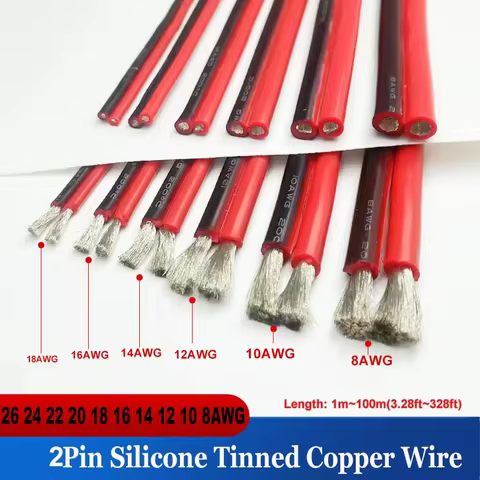 Super Soft 2Pin Black Red Silicone Cable 8AWG 10AWG 12AWG 14 16 18 20 22 24 26awg 28awg High Tempera