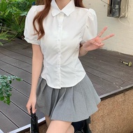 White Short-Sleeve Preppy Shirt Women Tie-Waist Slimming Effect S-2XL Daily Casual Shopping School