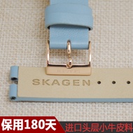 Skagen สายนาฬิกาหนังวัวเล็กหนังแท้สีฟ้าอ่อนช่องเสียบเว้า16มม. อุปกรณ์เสริมนาฬิกาใช้แทนแฟชั่นอ่อนนุ่ม