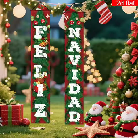 2D flat banner, 2 Spanish Merry Christmas couplet banners, bell Christmas pattern design