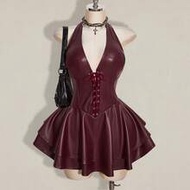 Plus Size Women's Y2k Goth PU Leather Halter Mini Dress,Burgundy,Autumn,Night Out Club Concert Gyaru
