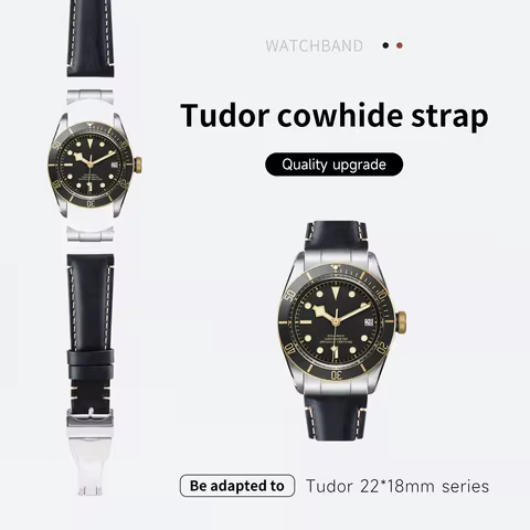 22mm Italian Flat Leather Watchband For Tudor Black Bay Series Watch Band Strap Folding Buckle Brace