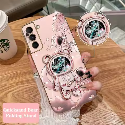 Quicksand Astronaut Plating Phone Holder Case For Samsung Galaxy S21 S21 FE S21 Plus S21 Ultra S22 S