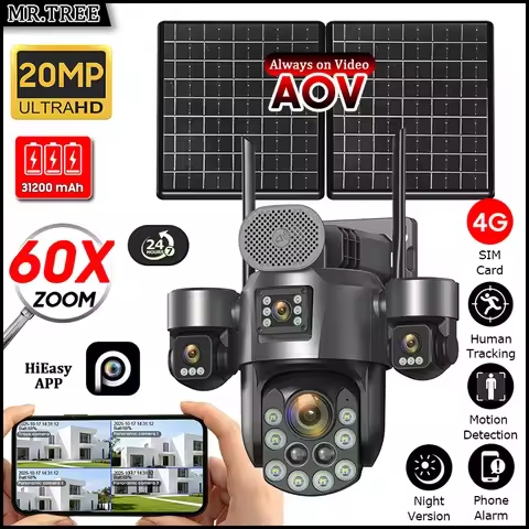 4G 25W Solar Camera Four Screen 60X Optical ZOOM PTZ Outdoor Surveillance 31200mah AOV 24-Hour Recor