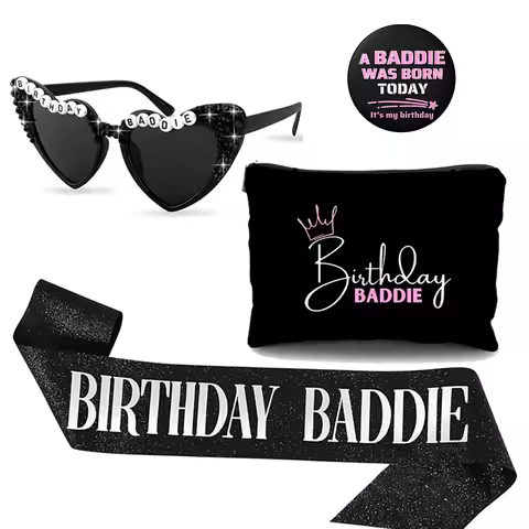Birthday Baddie Sash Makeup Bag Button and Heart Accessory Set Birthday Girl Decoration 18th 21st 30