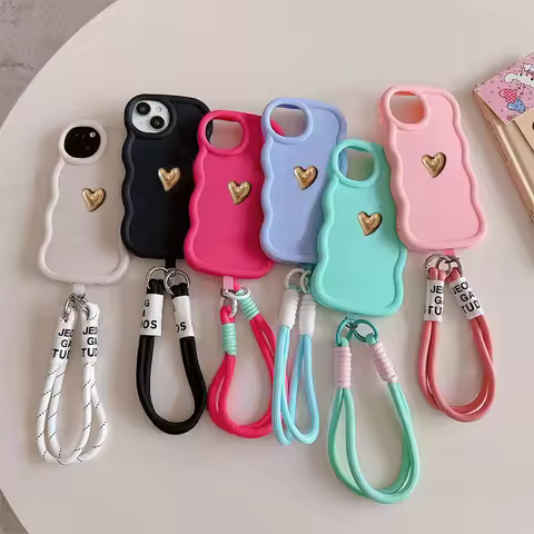 3D Gold Heart Lanyard Rope Phone Case For Realme Note 60 50 Narzo N61 N53 N55 70 60 Pro 10 30A 50A 5