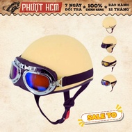 Smooth Half Head Helmet with Pressed Cage - Matte Cream Color with uv Goggles, Aviator Goggles