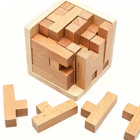 Wooden Brain Teaser Puzzles Cube T L Shaped Geometric Logic Jigsaw Games Educational Toys For Kids &