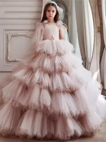 Pink Ball Gown Tiered Spaghetti Straps Flower Girl Dresses Appliques Kids Princess For Wedding Pagea