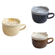 Cute Japanese Cartoon Cat Coffee Cup with Lid - Ceramic Breakfast Milk Cup for Couples Ideal for Hom