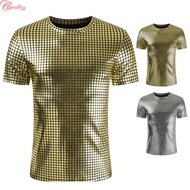 Men 70s Disco Costume Sequin Shirt Short Sleeve Button Down T Shirts Party Top