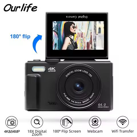 Ourlife Compact Digital Photography Camera 4K 18X Digital Zoom Vintage Video Recorder 180° Flip Scre
