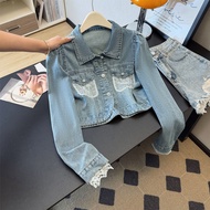 [Hi Girl]french styleLace Stitching Denim Short Jacket Women Spring Autumn Western Style Age-Reducin