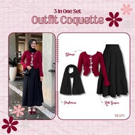 3 In 1 Set Outfit Coquette Trendy Leora Top Ribbon Blouse Black Layered Skirt Black Pashmina Current
