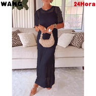 Women's Solid Color Round Neck Hollow 2-Piece Long Dress
