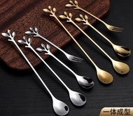 Leaf Spoon Gold color stainless steel Nordic tableware Cutlery set Fork and Spoon Sudu dan Garfu knife 不锈钢树叶勺长柄方头小茶勺咖啡勺 Keluli tahan karat Sudu Teh Pencuci Mulut Buah Garpu Sudu Teh Daun