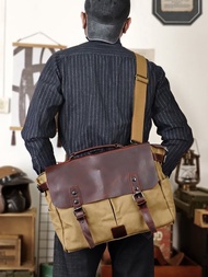 復古帆布拼頭層皮男士單肩斜挎手提包耐用大公事包個性郵差包