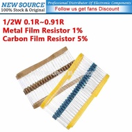 [50pcs] 1/2W Metal Film Resistor 1% Carbon Film Resistor 5% 0.1R~0.91R 0.1R 0.47R 0.22R 0.5R 0.33R 0