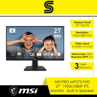 MSI PRO MP275 FHD Monitor - 27"/IPS/100Hz/1ms MPRT/1x HDMI/1x VGA/Built in Speaker