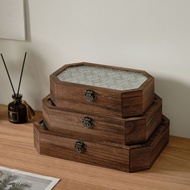 Begonia Flower Glass Storage Box Retro Wooden Desktop Sundries Tidy-up Flip Wooden Box Dresser Decor